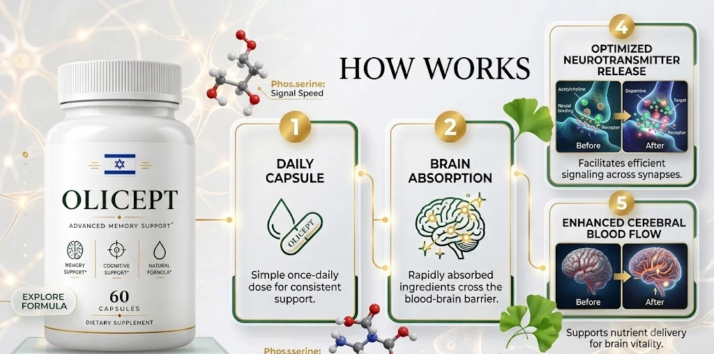 Brand graphic showing a daily capsule, brain absorption, neurotransmitter release and cerebral blood flow